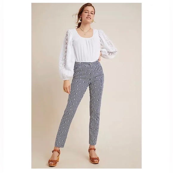 Anthropologie Women's The Essential Slim Trousers Blue White Stripe Size 2 - Picture 2 of 16